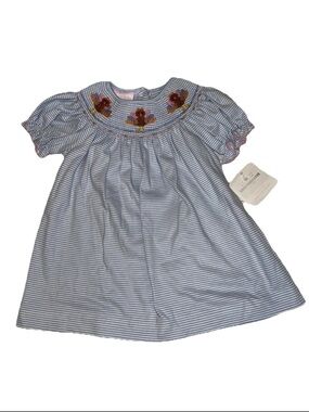 NWT Petit Bebe Girls Blue Stripe Pima Cotton Ruffled Outfit 6M